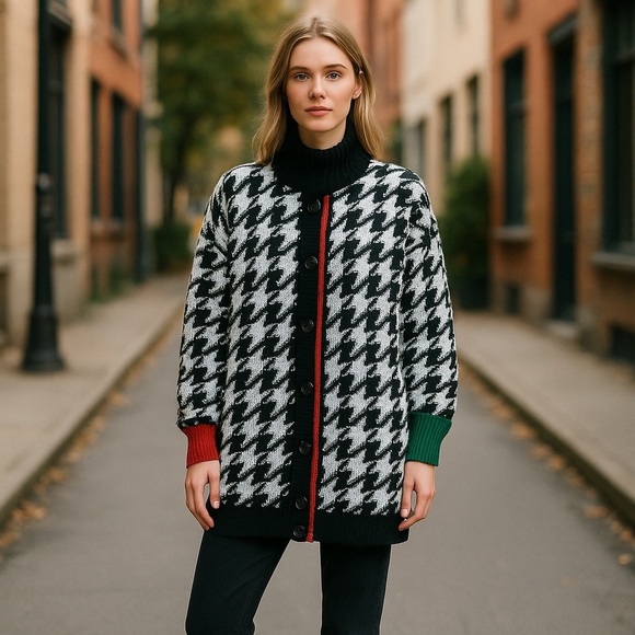 GENOA by BRENDA LIM Women’s Size M Black/White Houndstooth Button Front Sweater - Picture 1 of 3